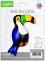 The Oaktree 36" Shape Toucan Metallic Packaged balloon is a vibrant tropical party decoration in black, white, blue, green, orange, and yellow. Packaging features product details and a UK flag. Brand: Oaktree.