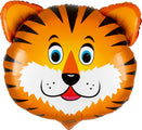 The 30" Oaktree Brand Tiger Head Packaged Foil Balloon features a round orange design with a cartoon tiger face, blue eyes, white snout, black stripes, and a friendly look—ideal for a jungle-themed party.