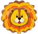 The 30" Lion Packaged Oaktree Brand Foil Balloon by Oaktree features a cheerful cartoon lion face with a bright yellow and orange mane, big blue eyes, and rounded ears for a friendly touch.
