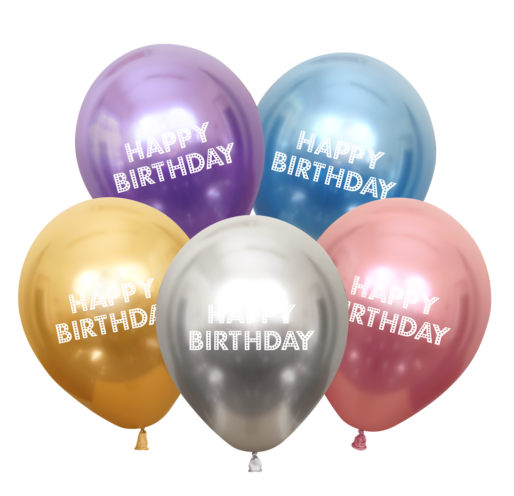 12" Happy Birthday Printed Assorted Mirror Kalisan Latex Balloons (25 Per Bag)