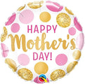 The Qualatex 9" Airfill Only Happy Mother's Day Pink & Gold Dots balloon features bold pink and gold lettering with stylish polka dots—perfect for festive Mother’s Day decor. Sticks sold separately.