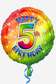18″ Happy 5th Birthday Mylar Balloon featuring a multicolored, shimmering round foil design with a large numeral 5 and a blue ribbon tied to the bottom.