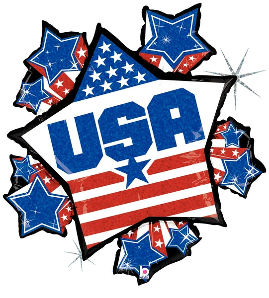 37" Holographic Shape Packaged Patriotic Bursting Stars Balloon