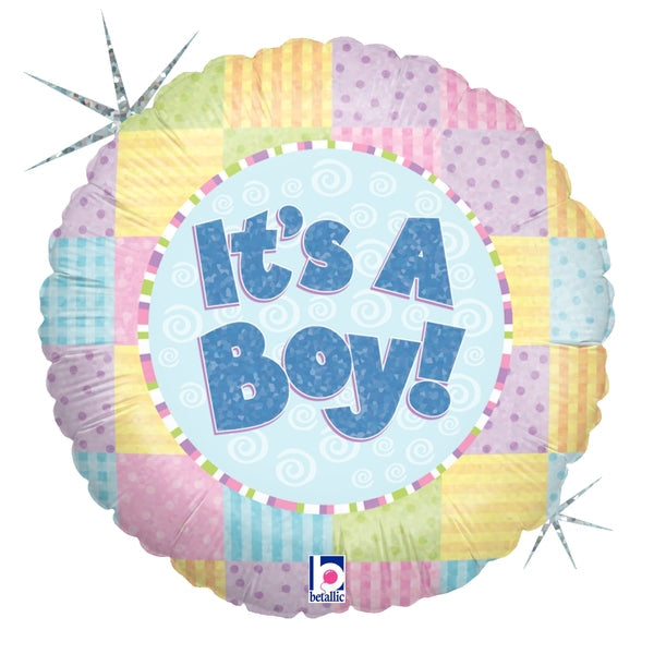 18" Holographic Balloon Packaged Patchwork Baby Boy