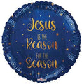 The 18" Christmas Scene Foil Balloon by Convergram features a round, dark blue design with gold stars and "Jesus is the Reason for the Season" in elegant gold and white lettering.