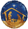 The Convergram 18" Christmas Scene Foil Balloon features a gold nativity with Mary, Joseph, and baby Jesus under a stable, set against a blue starry night sky and a bright star above.