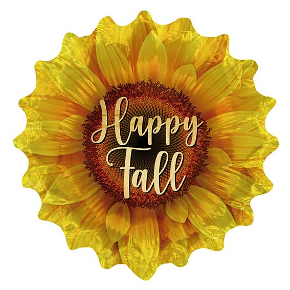 Manufactured by Convergram in Mexico measuring 9 Inches with message Happy Fall Sunflower. Balloon is shown uninflated.