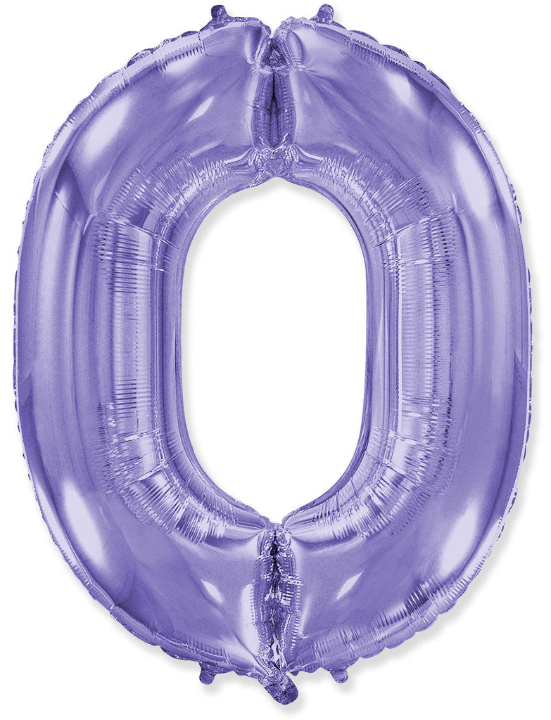 A balloon that inflates to 32".  Lilac Number "0" Foil Balloon Flexmetal