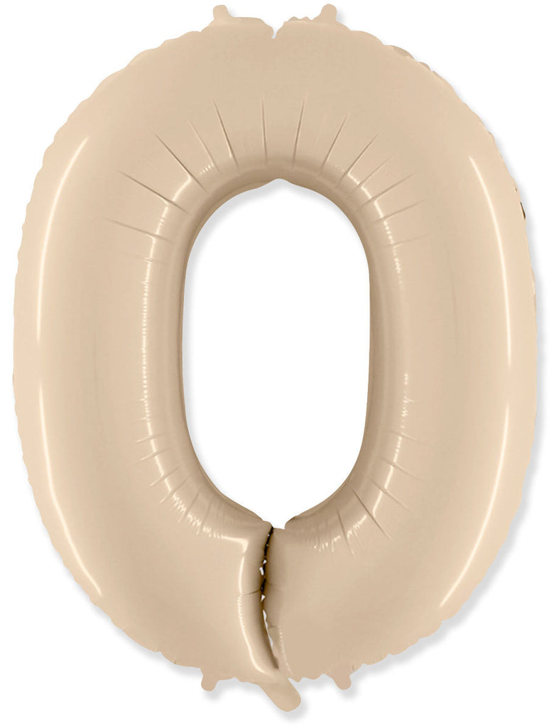 A balloon that inflates to 32".  Satin Cream Number "0" Foil Balloon Flexmetal