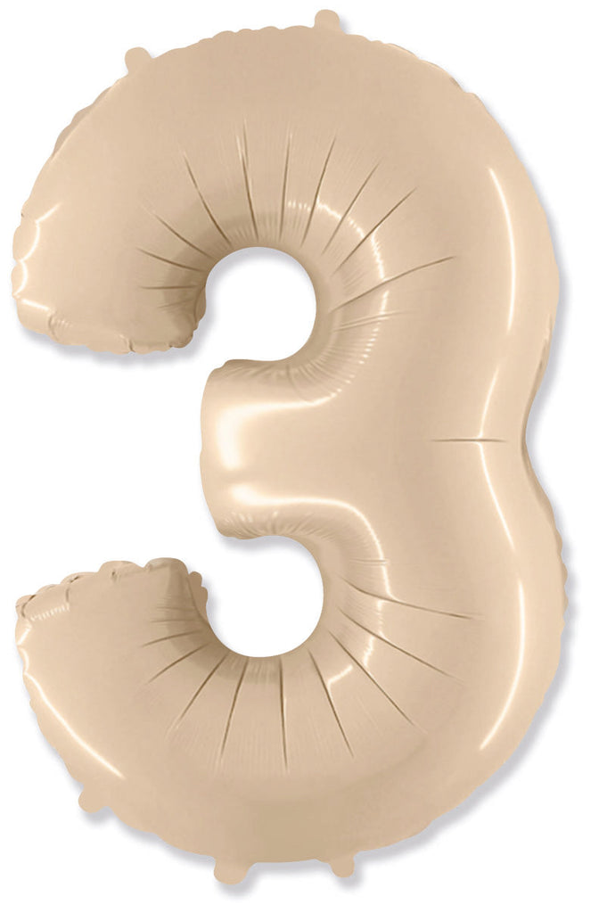 A balloon that inflates to 32".  Satin Cream Number "3" Foil Balloon Flexmetal