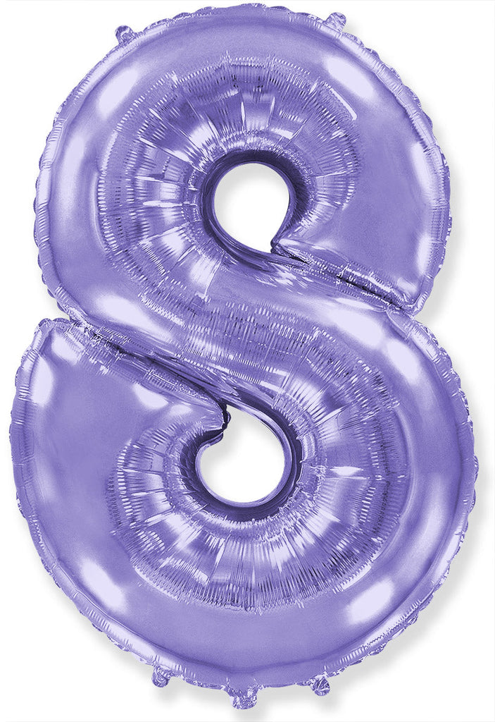 A balloon that inflates to 32".  Lilac Number "8" Foil Balloon Flexmetal