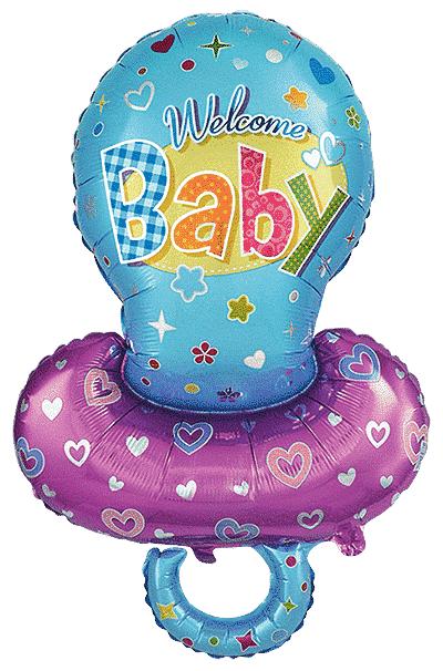 The Flexmetal Jumbo Baby Boy Pacifier Blue/Purple Foil Balloon features a pacifier-shaped design with a blue top adorned with colorful patterns and a purple bottom decorated with hearts, stars, and dots. Displaying the cheerful “Welcome Baby” text, this charming balloon is the perfect way to celebrate a new arrival.