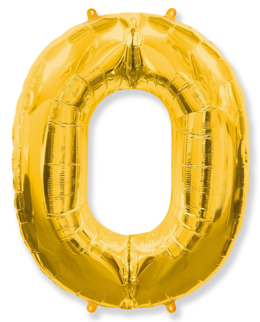 A balloon that inflates to 32".  Shape Number "0" Gold Balloon Flexmetal