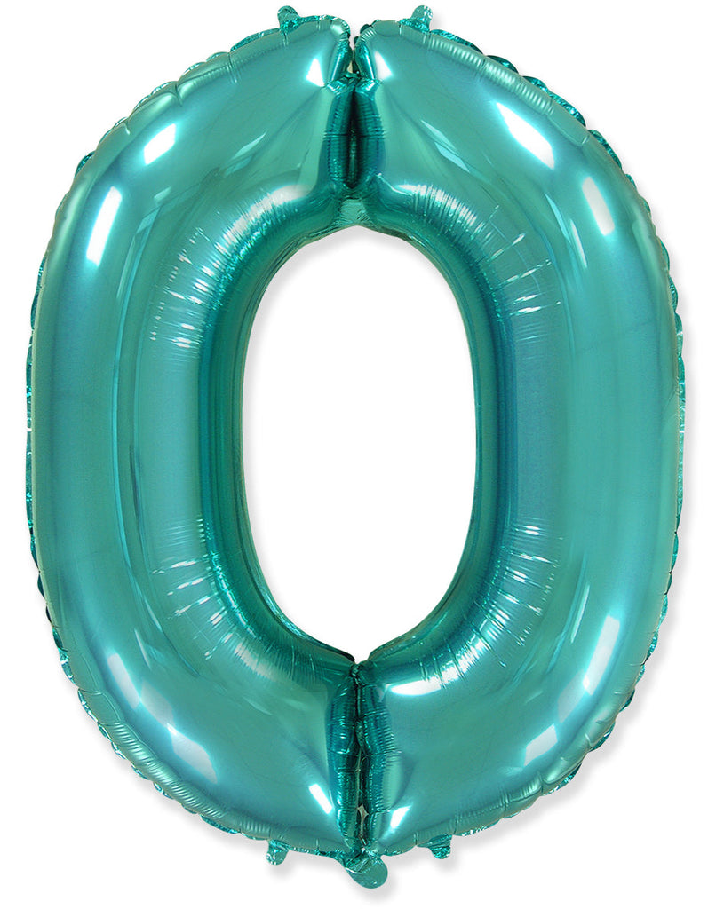 A balloon that inflates to 32".  Flexmetal Balloon Number Shaped like "0" Turquoise