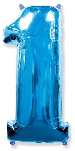 A balloon that inflates to 32".  Shape Number "1" Blue Balloon Flexmetal