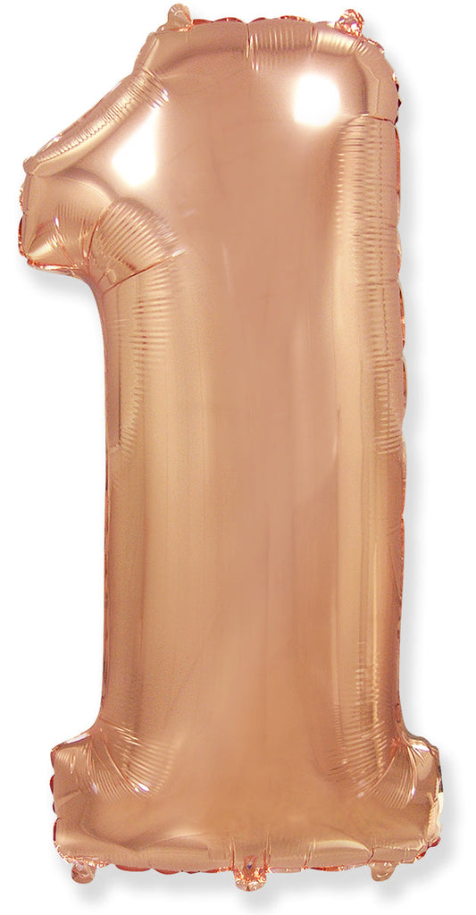A balloon that inflates to 32".  Flexmetal Balloon Number Shaped like "1" Rose Gold