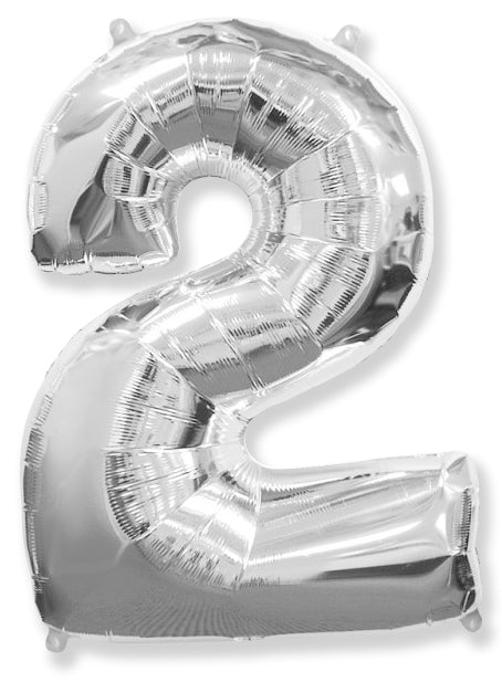 A balloon that inflates to 32".  Shape Number "2" Silver Balloon Flexmetal