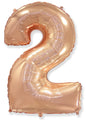 A balloon that inflates to 32".  Flexmetal Balloon Number Shaped like "2" Rose Gold