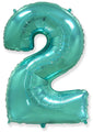 A balloon that inflates to 32".  Flexmetal Balloon Number Shaped like "2" Turquoise