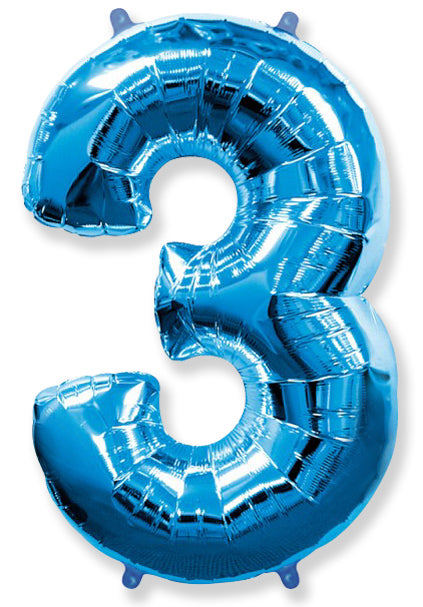 A balloon that inflates to 32".  Shape Number "3" Blue Balloon Flexmetal