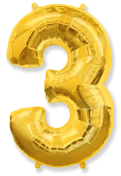 A balloon that inflates to 32".  Shape Number "3" Gold Balloon Flexmetal