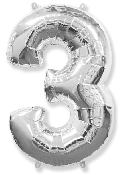 A balloon that inflates to 32".  Shape Number "3" Silver Balloon Flexmetal