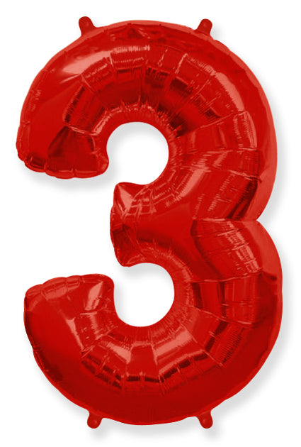 A balloon that inflates to 32".  Flexmetal Balloon Number Shaped like "3" Red