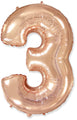 A balloon that inflates to 32".  Flexmetal Balloon Number Shaped like "3" Rose Gold