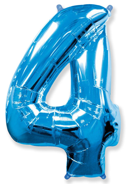 A balloon that inflates to 32".  Shape Number "4" Blue Balloon Flexmetal