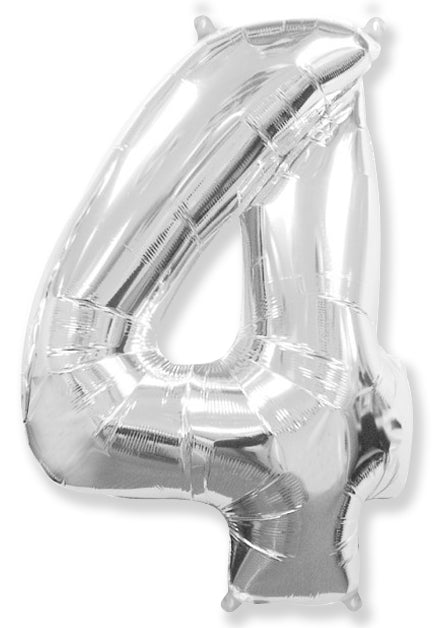 A balloon that inflates to 32".  Shape Number "4" Silver Balloon Flexmetal