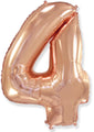 A balloon that inflates to 32".  Flexmetal Balloon Number Shaped like "4" Rose Gold