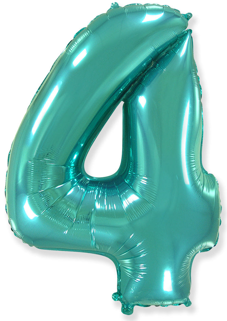 A balloon that inflates to 32".  Flexmetal Balloon Number Shaped like "4" Turquoise