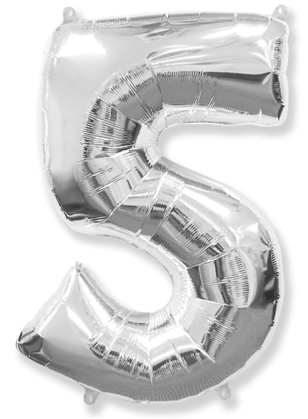 A balloon that inflates to 32".  Shape Number "5" Silver Balloon Flexmetal