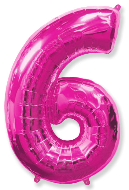 A balloon that inflates to 32".  Shape Number "6" Fuchsia Balloon Flexmetal