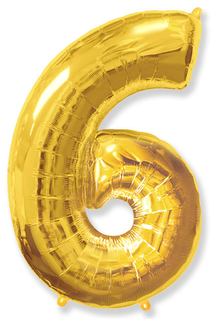 A balloon that inflates to 32".  Shape Number "6" Gold Balloon Flexmetal