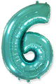 A balloon that inflates to 32".  Flexmetal Balloon Number Shaped like "6" Turquoise