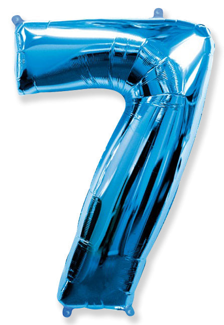 A balloon that inflates to 32".  Shape Number "7" Blue Balloon Flexmetal