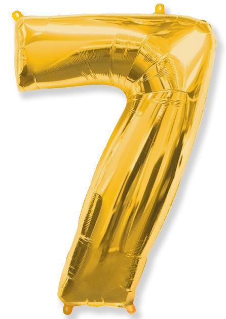 A balloon that inflates to 32".  Shape Number "7" Gold Balloon Flexmetal