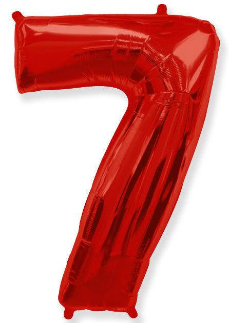 A balloon that inflates to 32".  Flexmetal Medium Size Balloon Number Shaped like "7" Red