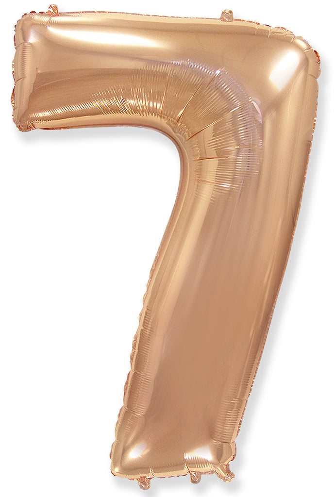 A balloon that inflates to 32".  Flexmetal Balloon Number Shaped like "7" Rose Gold