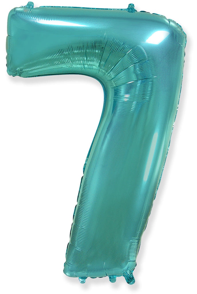 A balloon that inflates to 32".  Flexmetal Balloon Number Shaped like "7" Turquoise