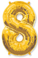 A balloon that inflates to 32".  Shape Number "8" Gold Balloon Flexmetal