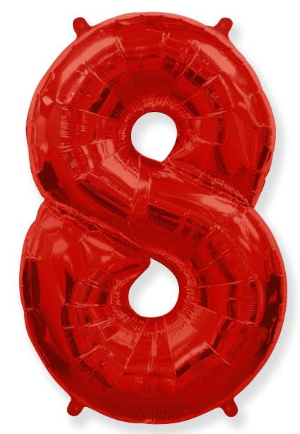 A balloon that inflates to 32".  Flexmetal Medium Size Balloon Number Shaped like "8" Red