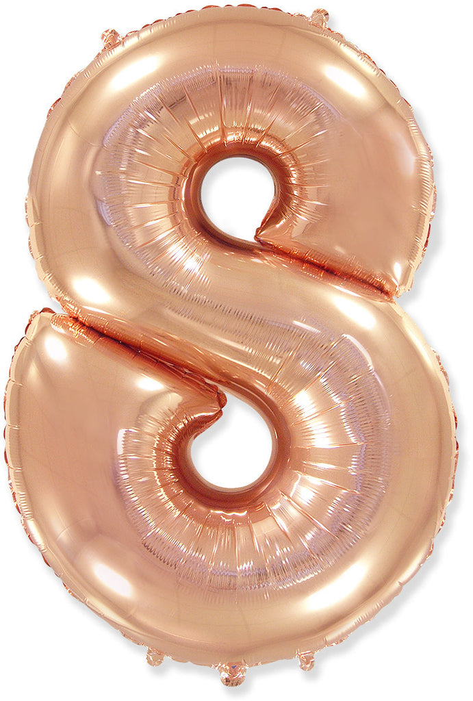 A balloon that inflates to 32".  Flexmetal Balloon Number Shaped like "8" Rose Gold