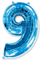A balloon that inflates to 32".  Shape Number "9" Blue Balloon Flexmetal