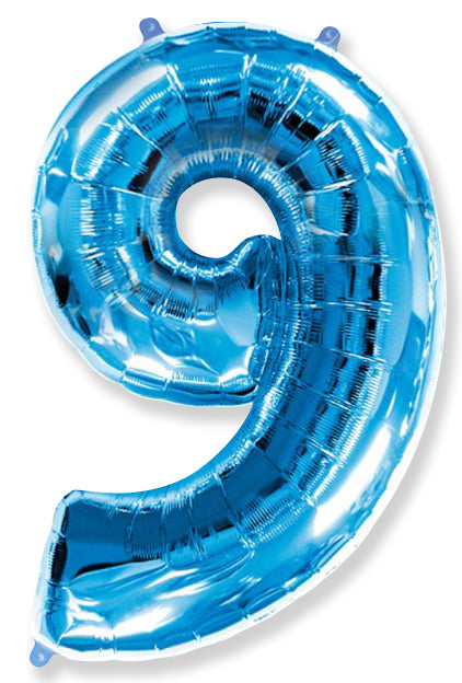 A balloon that inflates to 32".  Shape Number "9" Blue Balloon Flexmetal