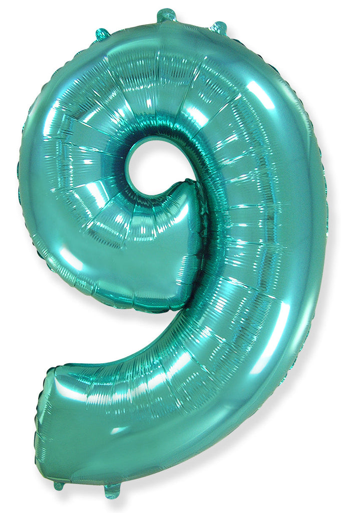 A balloon that inflates to 32".  Flexmetal Balloon Number Shaped like "9" Turquoise