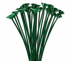 The Colour Wheel 13" One Piece Cup and Balloon Stick in green is ideal for party decorations or balloon bouquets, featuring cup-shaped tops and shown fanned out against a white background.