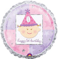 Celebrate her big day with the Anagram/MD 18" 1st Birthday Girl Foil Balloon, featuring pastel purple and pink stars, a smiling baby face in a pink "1" party hat, and "happy 1st birthday" text.