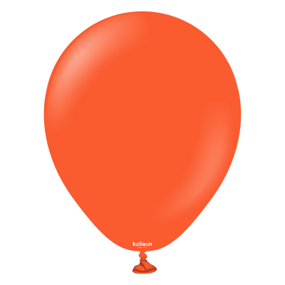 Un ballon en latex Kalisan de 45 cm, de couleur orange vif standard, avec une finition brillante et une extrémité nouée, est présenté sur un fond blanc uni. Marque : Kalisan. Conditionnement : 25 pièces par sachet.
